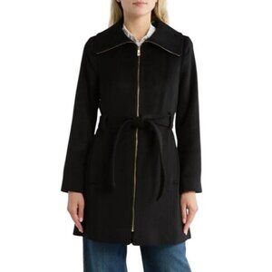 Michael Kors Womens Black Full Zip Belted Wool Blend Mid Legnth Coat Sz L New